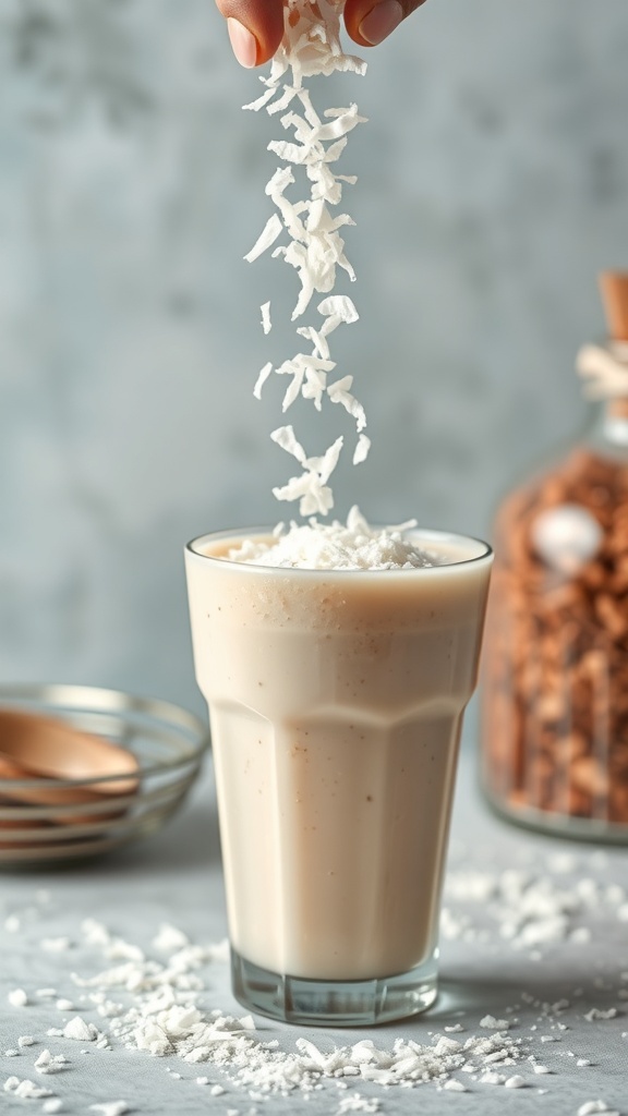 A glass of creamy smoothie topped with coconut flakes, showcasing the texture contrast.