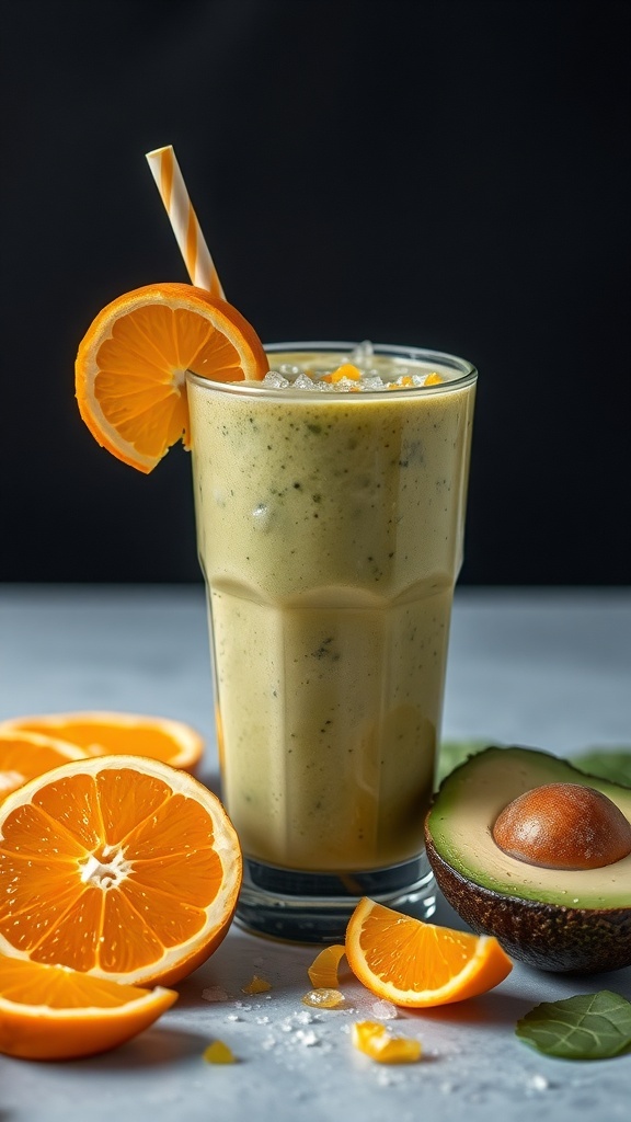 A refreshing avocado citrus smoothie in a glass, surrounded by orange slices and half an avocado.