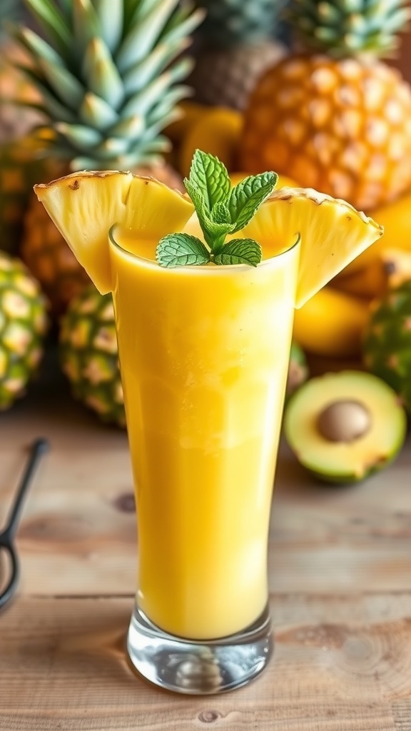 Tropical Pineapple Banana Smoothie Recipe A tropical pineapple banana smoothie in a glass with pineapple slice and mint, surrounded by fresh fruits on a wooden table.