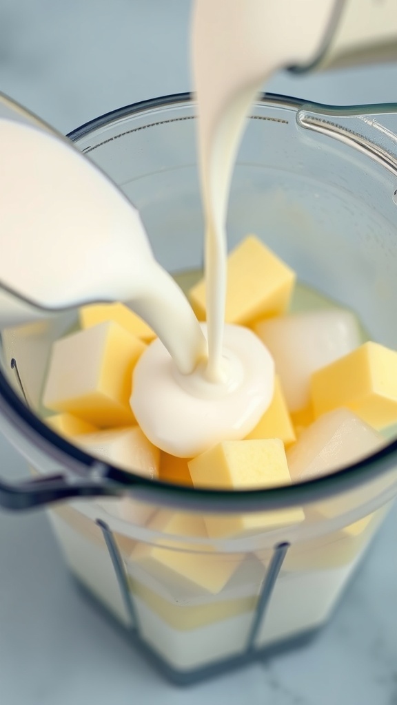 Pouring coconut milk into a blender with pineapple chunks and ice