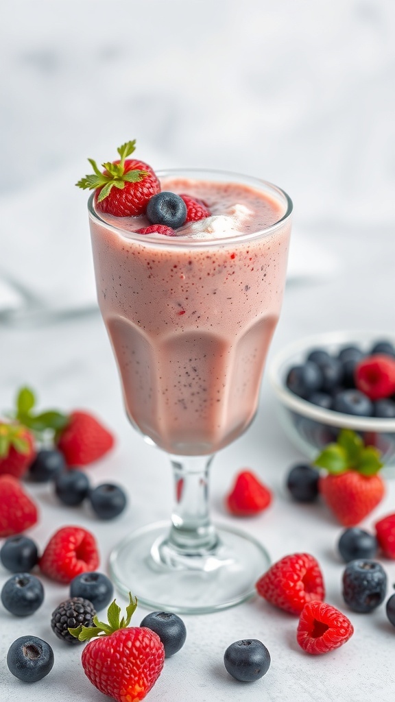 A delicious Berry Blast Protein Smoothie with fresh berries on top