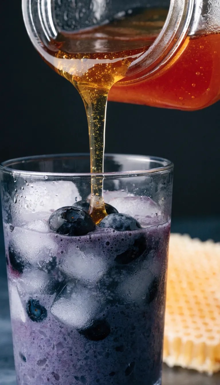 Honey being poured into a blueberry smoothie.