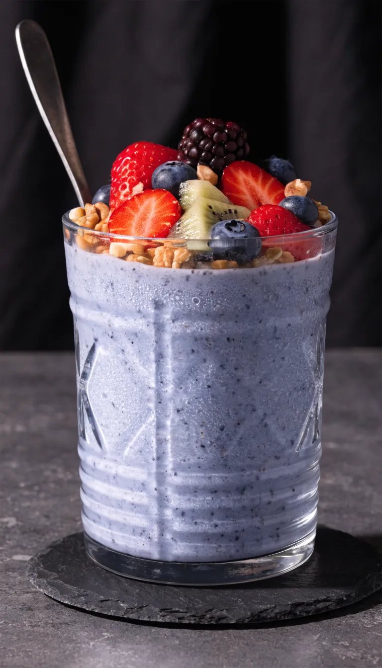 A thick blueberry smoothie topped with strawberries, blackberries, blueberries, kiwi, and granola in a glass.