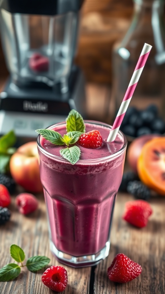 Berry Blast Frozen Fruit Smoothie Recipe A colorful berry smoothie in a glass with fresh berries and mint, on a rustic table.