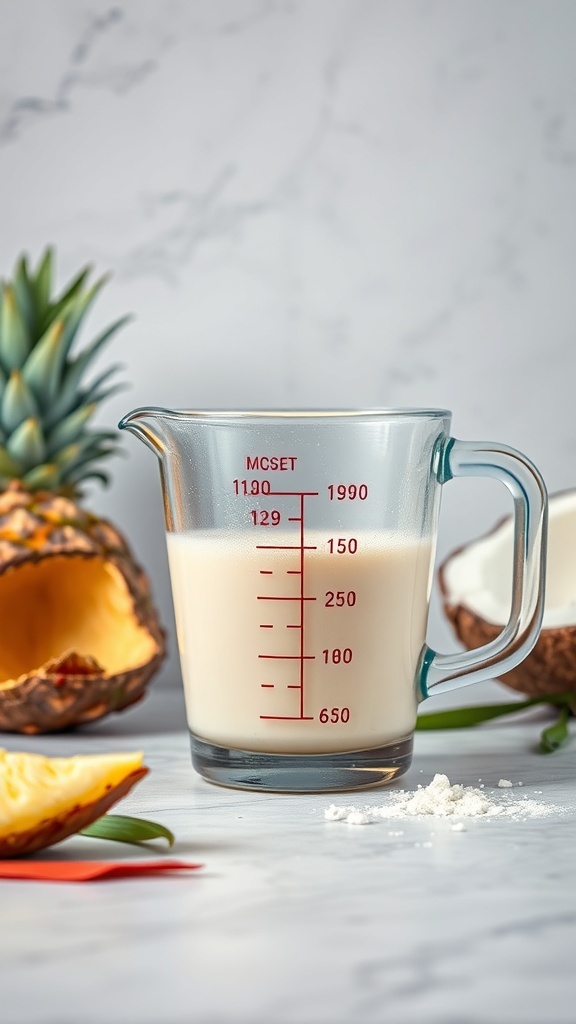 A measuring cup filled with coconut milk next to fresh pineapple and coconut halves on a white marble surface.