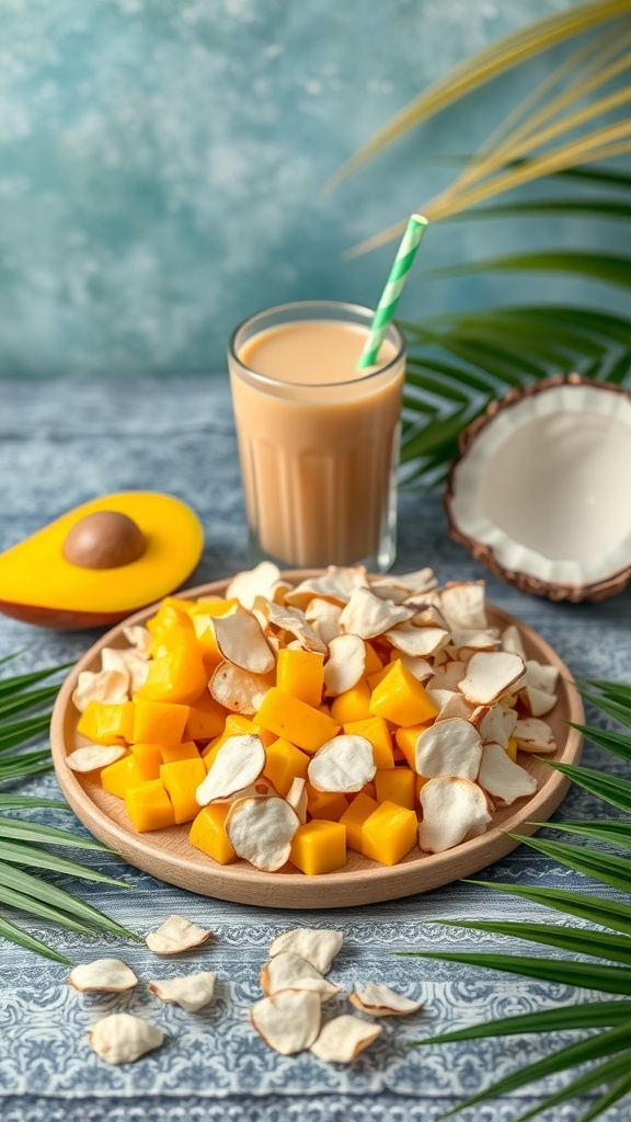A refreshing pineapple coconut smoothie with a plate of mango and coconut snacks.