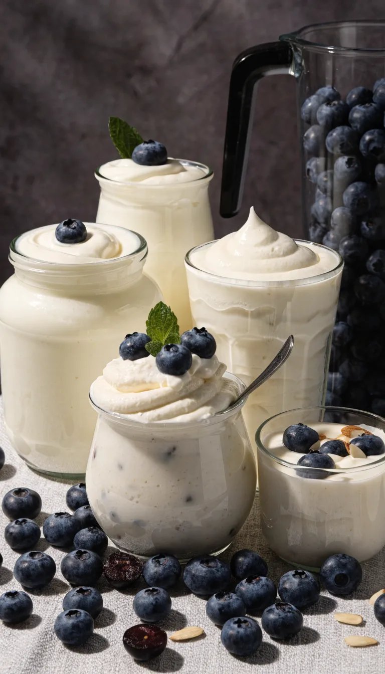 Various jars and glasses of creamy yogurt topped with blueberries.