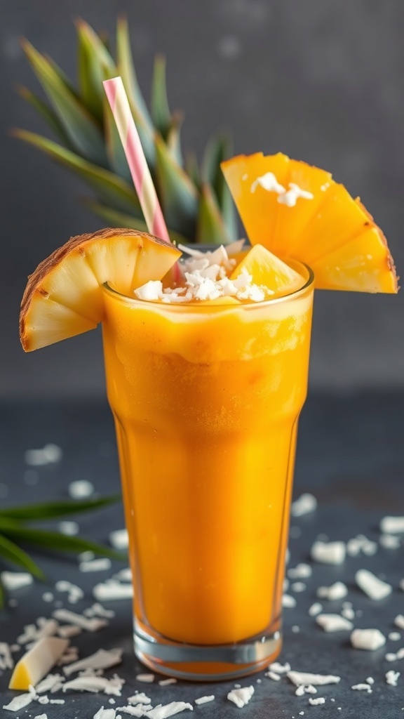 A refreshing Tropical Paradise Smoothie garnished with pineapple and coconut.