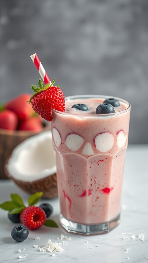 A delicious smoothie with frozen fruit, topped with a strawberry and blueberries.