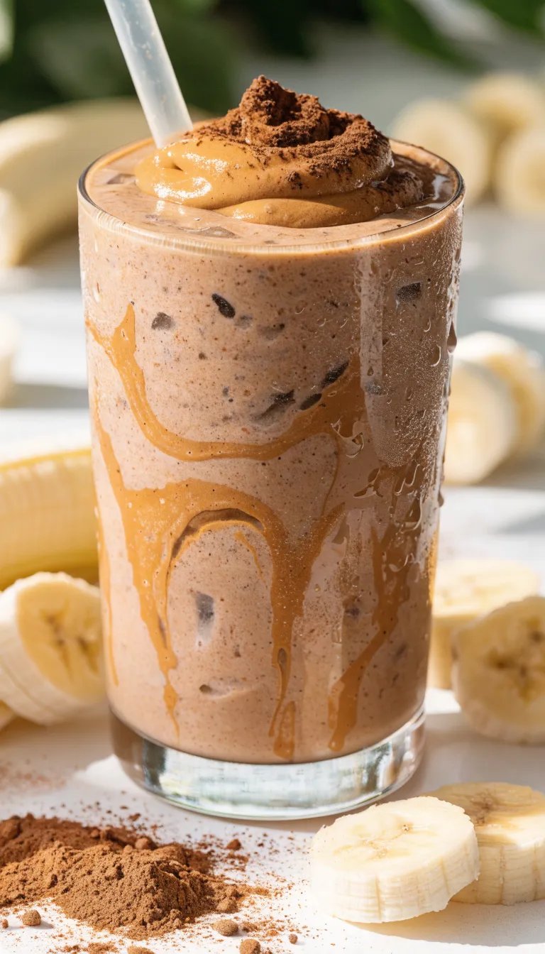 Creamy Chocolate Peanut Butter Smoothie Recipe A thick chocolate peanut butter smoothie garnished with cocoa powder, beside banana slices on a white countertop.