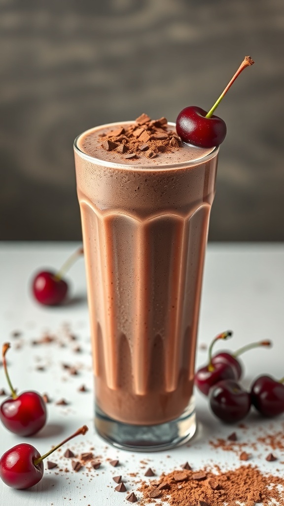 A glass of chocolate cherry smoothie topped with chocolate shavings and a cherry.