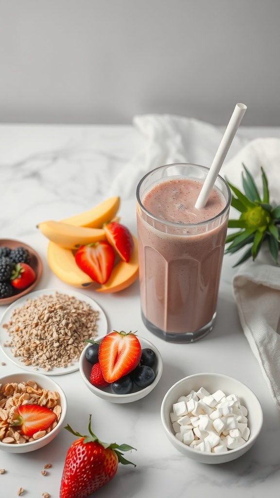 A delicious pineapple coconut smoothie with various toppings including fruits, granola, and marshmallows.