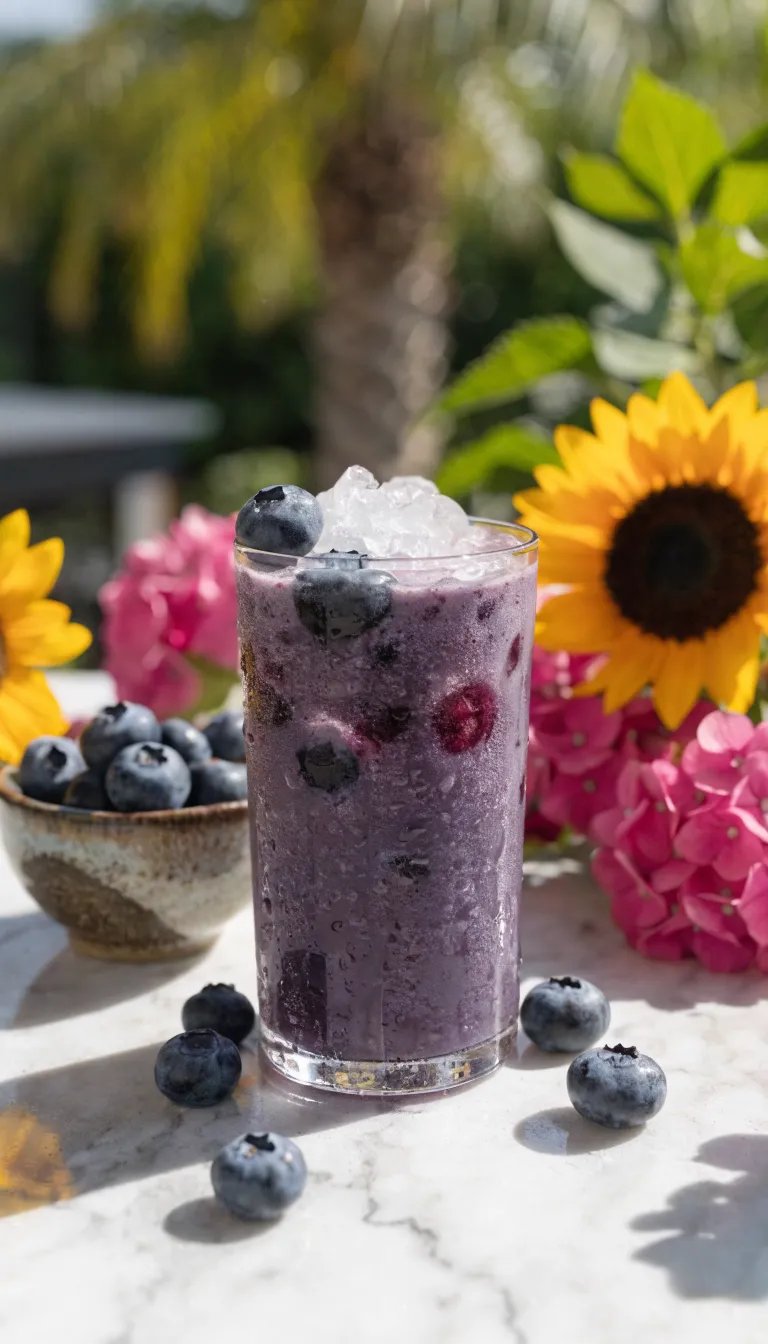 A refreshing blueberry smoothie in a tall glass, surrounded by blueberries and colorful flowers.