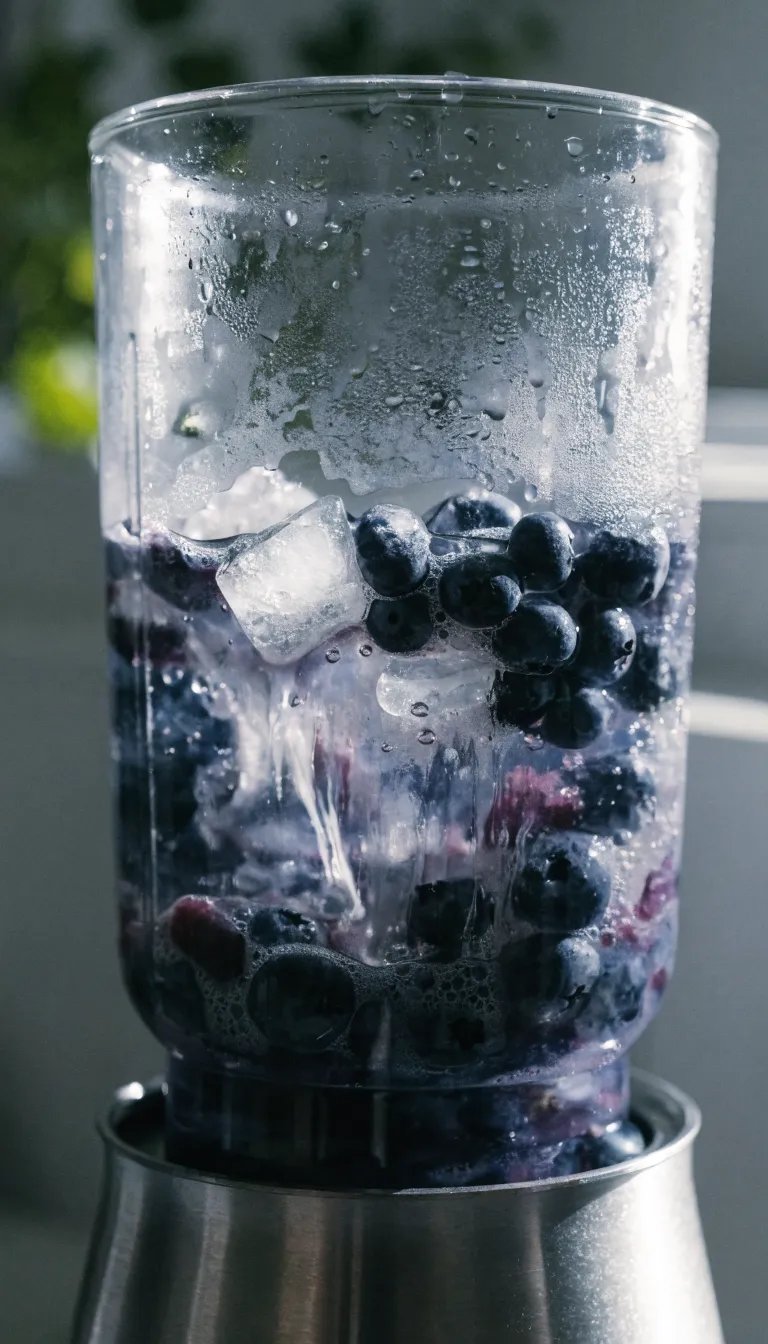 A blender filled with blueberries and ice, preparing for a delicious smoothie.