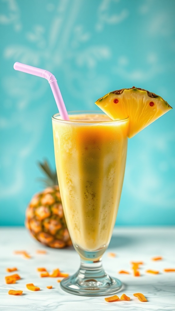 A refreshing pineapple coconut smoothie in a tall glass with a pink straw and a pineapple slice, with a whole pineapple in the background.