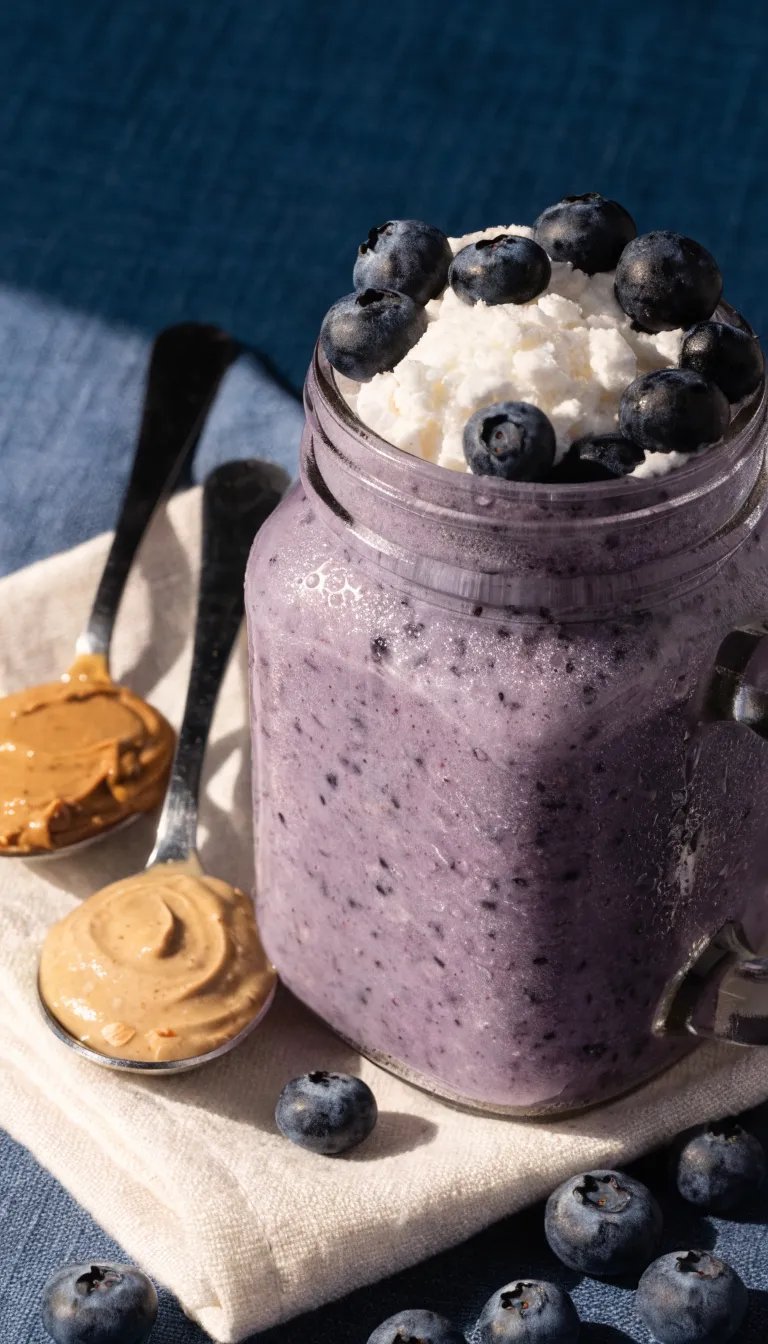A healthy blueberry smoothie topped with blueberries and served with nut butters on spoons.