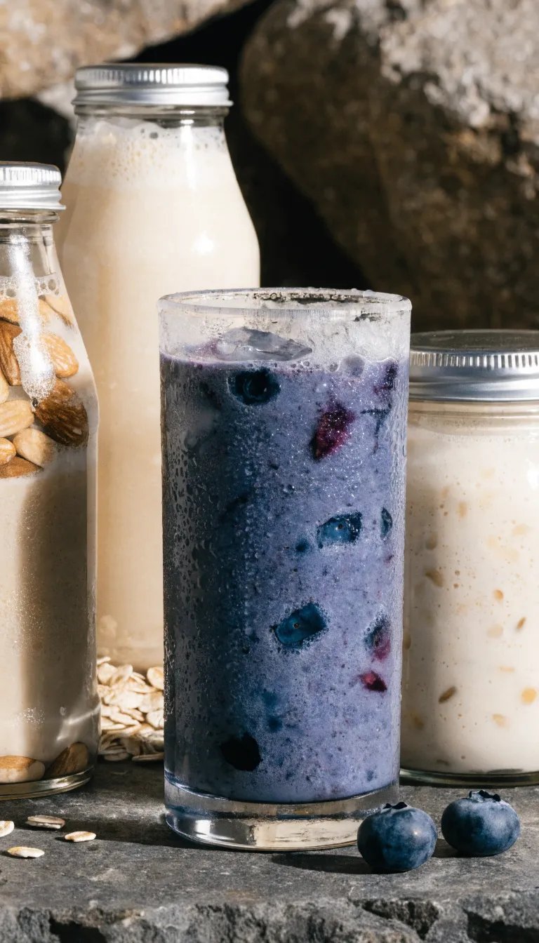 A vibrant blueberry smoothie surrounded by jars of almond and oat milk ingredients.