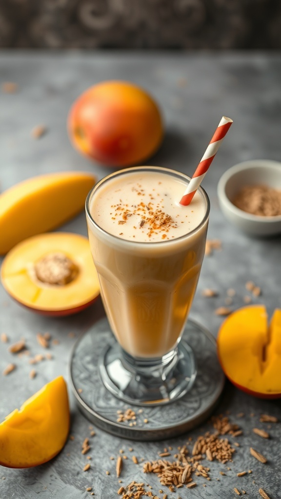 A glass of Mango Lassi Inspired Smoothie garnished with a straw, surrounded by fresh mango slices and seeds.