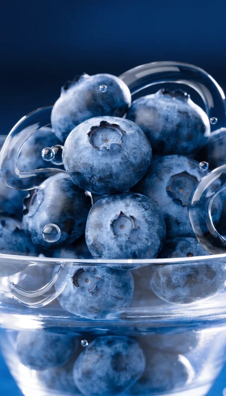 Fresh blueberries in a glass bowl with droplets, illustrating their vibrant color and freshness.