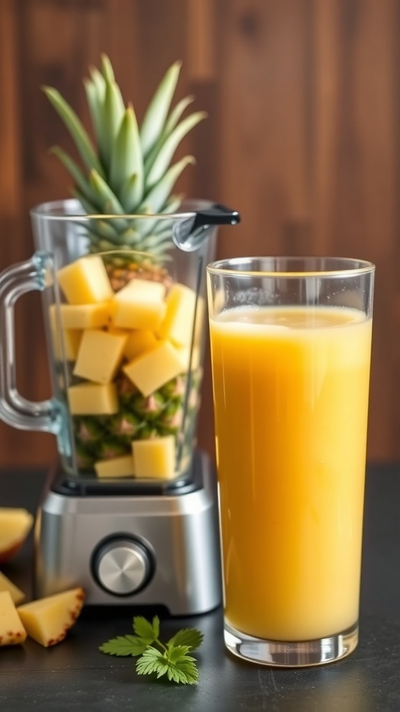 A blender filled with fresh pineapple chunks beside a glass of pineapple juice