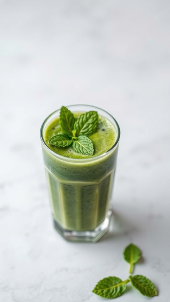 A refreshing green smoothie in a clear glass topped with mint leaves