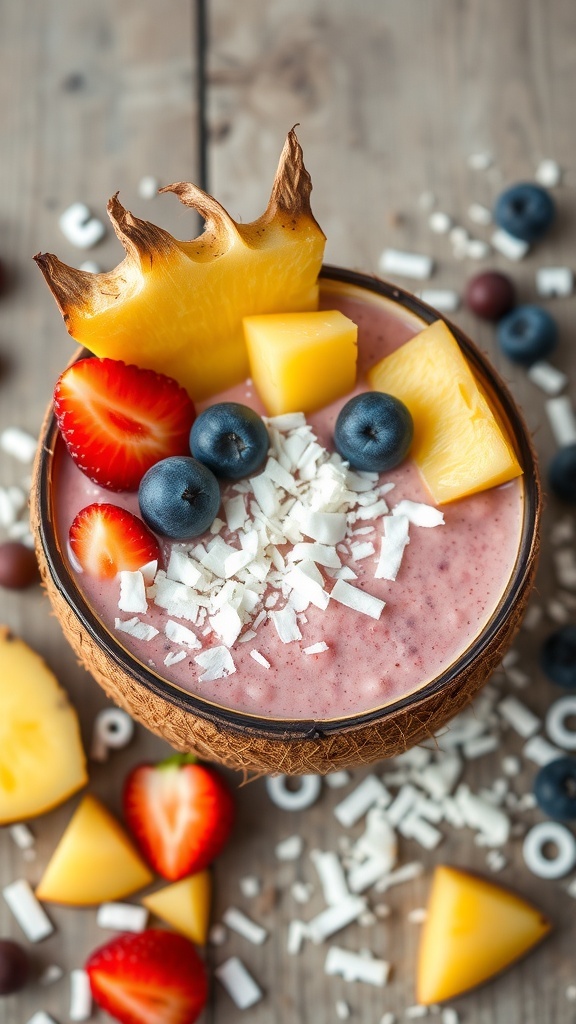 A vibrant smoothie bowl topped with fresh pineapple, strawberries, blueberries, and shredded coconut.