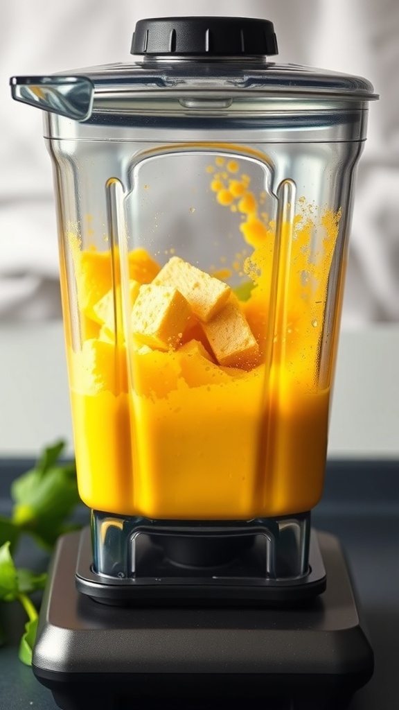 A blender filled with fresh pineapple chunks and a bright yellow smoothie mixture.