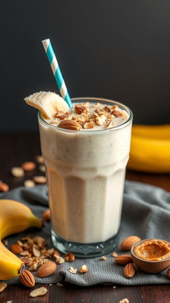 A creamy banana nut smoothie in a glass with a striped straw, topped with nuts and a slice of banana, surrounded by fresh bananas and almonds.