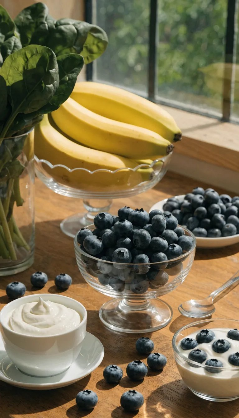 A variety of ingredients for a healthy blueberry smoothie, including blueberries, bananas, spinach, and yogurt.