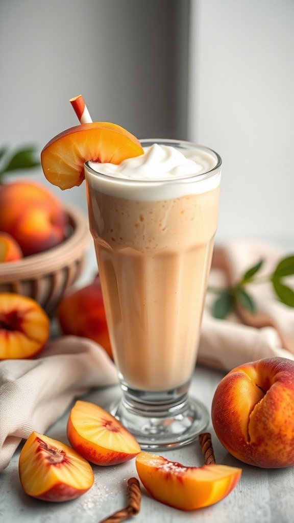 A delicious peach smoothie in a glass, garnished with a peach slice and topped with whipped cream.