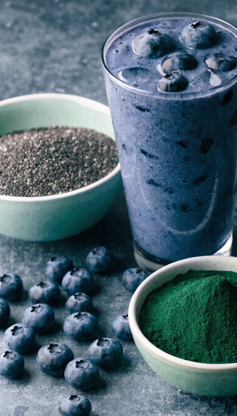 A healthy blueberry smoothie accompanied by bowls of chia seeds and spirulina powder.