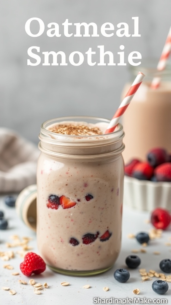 A creamy oatmeal smoothie with berries in a mason jar and a straw