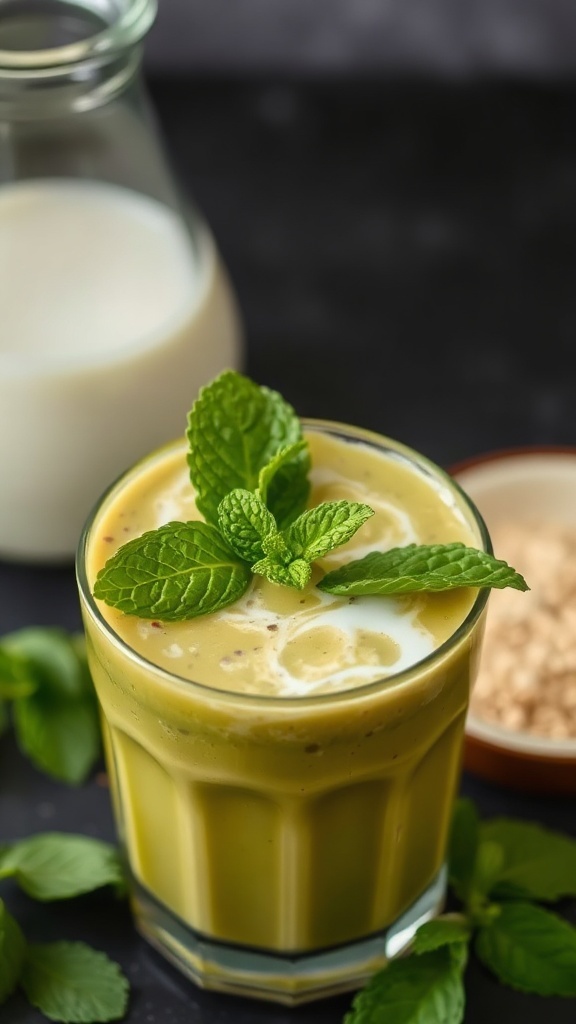 A pineapple coconut smoothie topped with fresh mint leaves and a striped straw