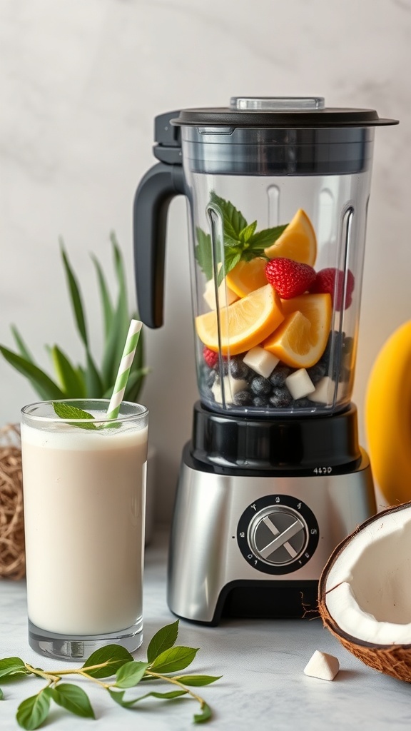A coconut water smoothie with fresh ingredients in a blender, showcasing hydration boost elements.