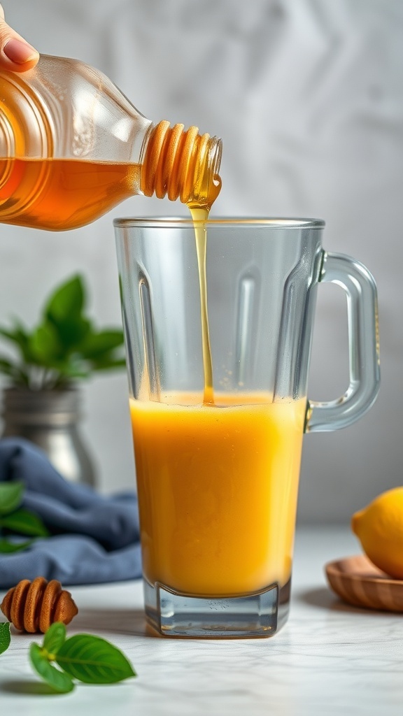 Honey being poured into a glass of pineapple coconut smoothie.