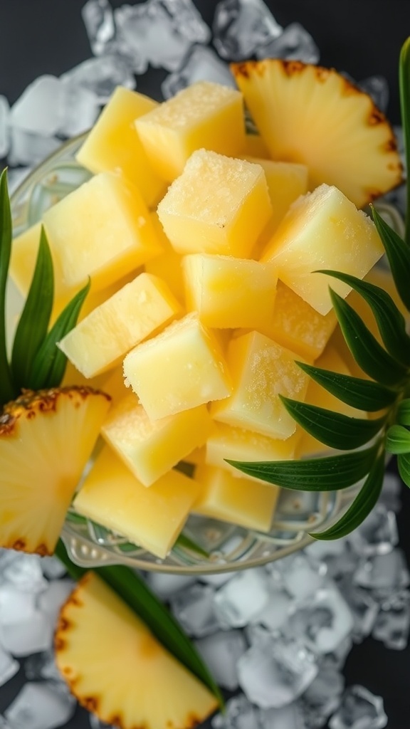 Cubes of frozen pineapple on ice, garnished with green leaves
