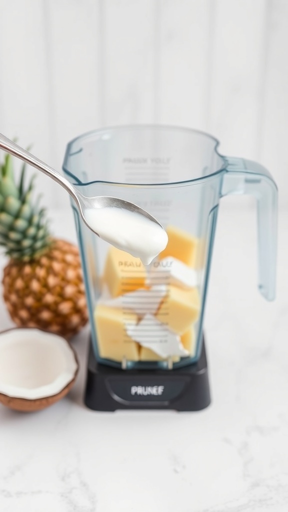 A pineapple coconut smoothie preparation scene with a blender, fresh pineapple, coconut, and a spoon of Greek yogurt.
