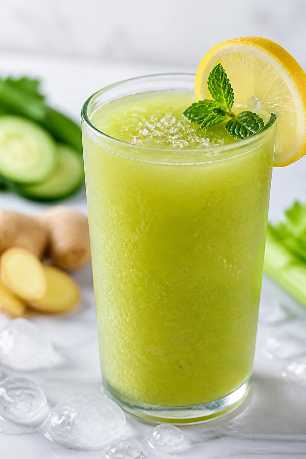 Close-up detail: A chilled glass of anti-bloat juice with a silky, strained texture and tiny air bub