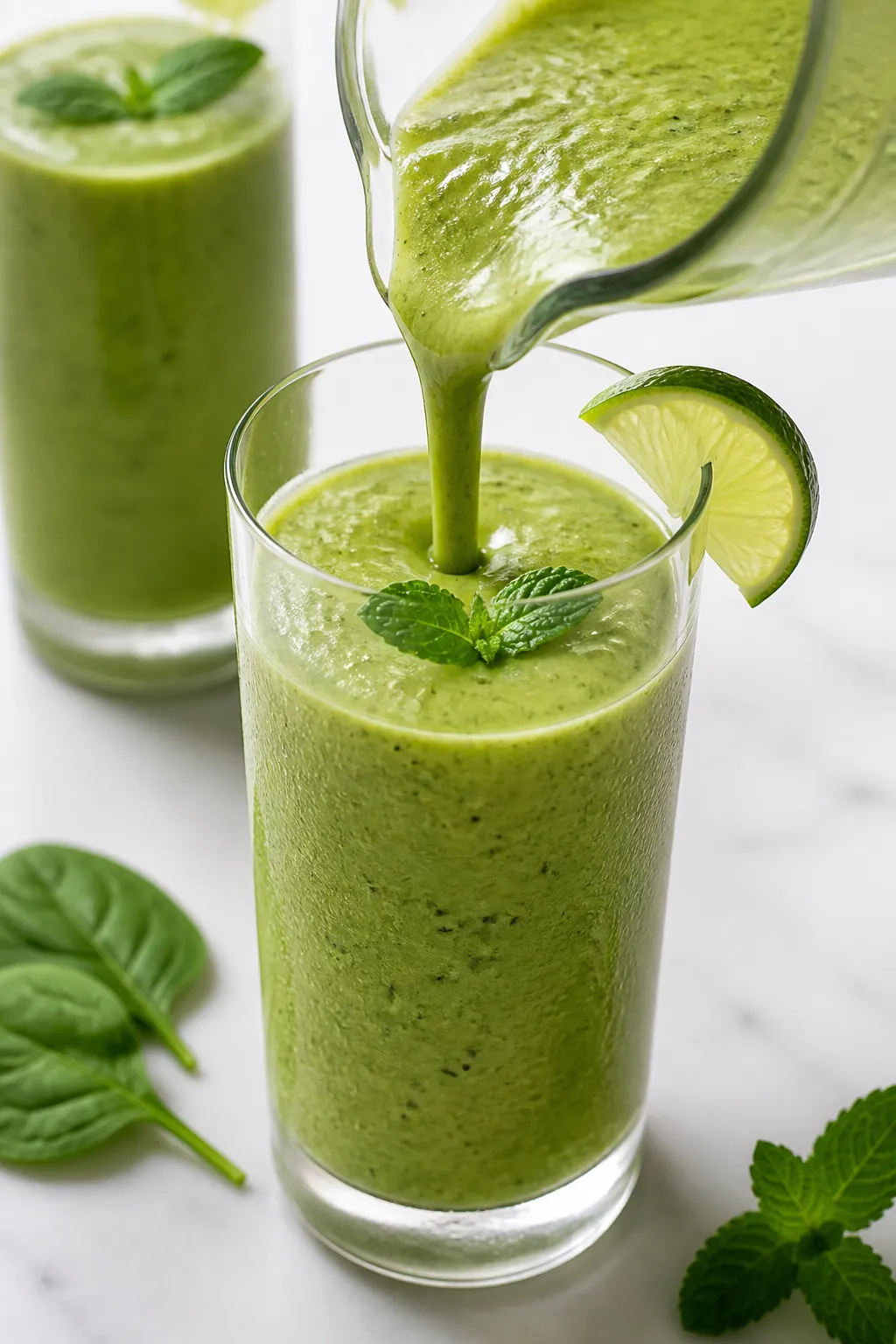 Close-up detail: A freshly blended green smoothie being poured from a glass blender jar into a chill