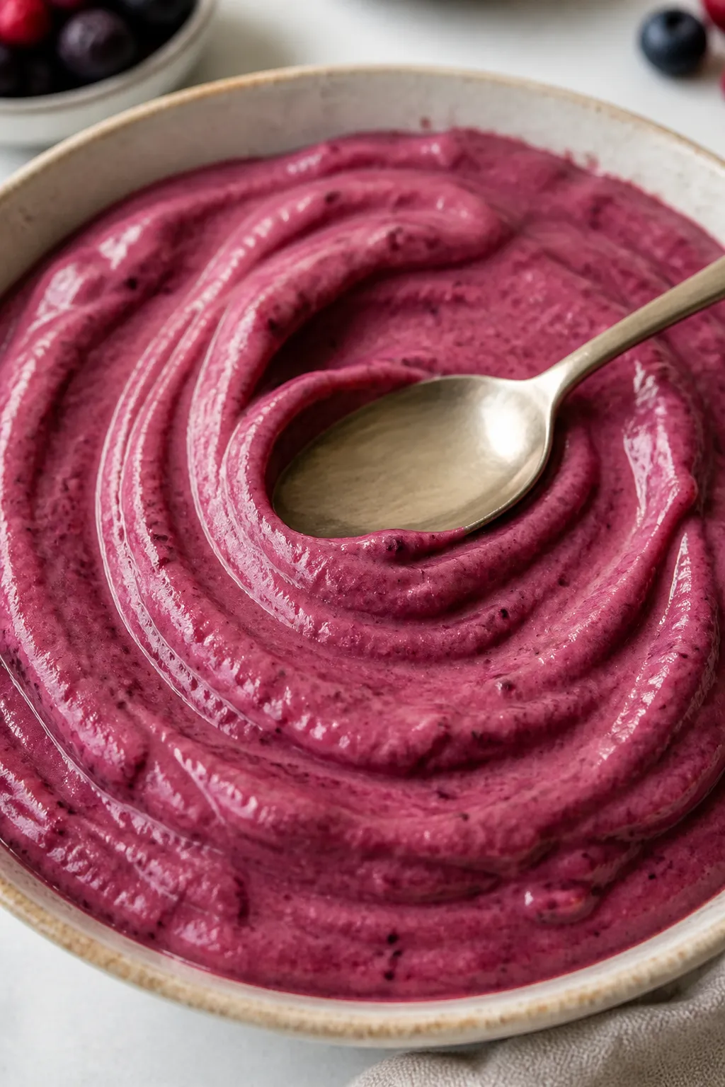 Close-up detail: Thick, spoonable smoothie bowl base being swirled smooth in a wide ceramic bowl wit