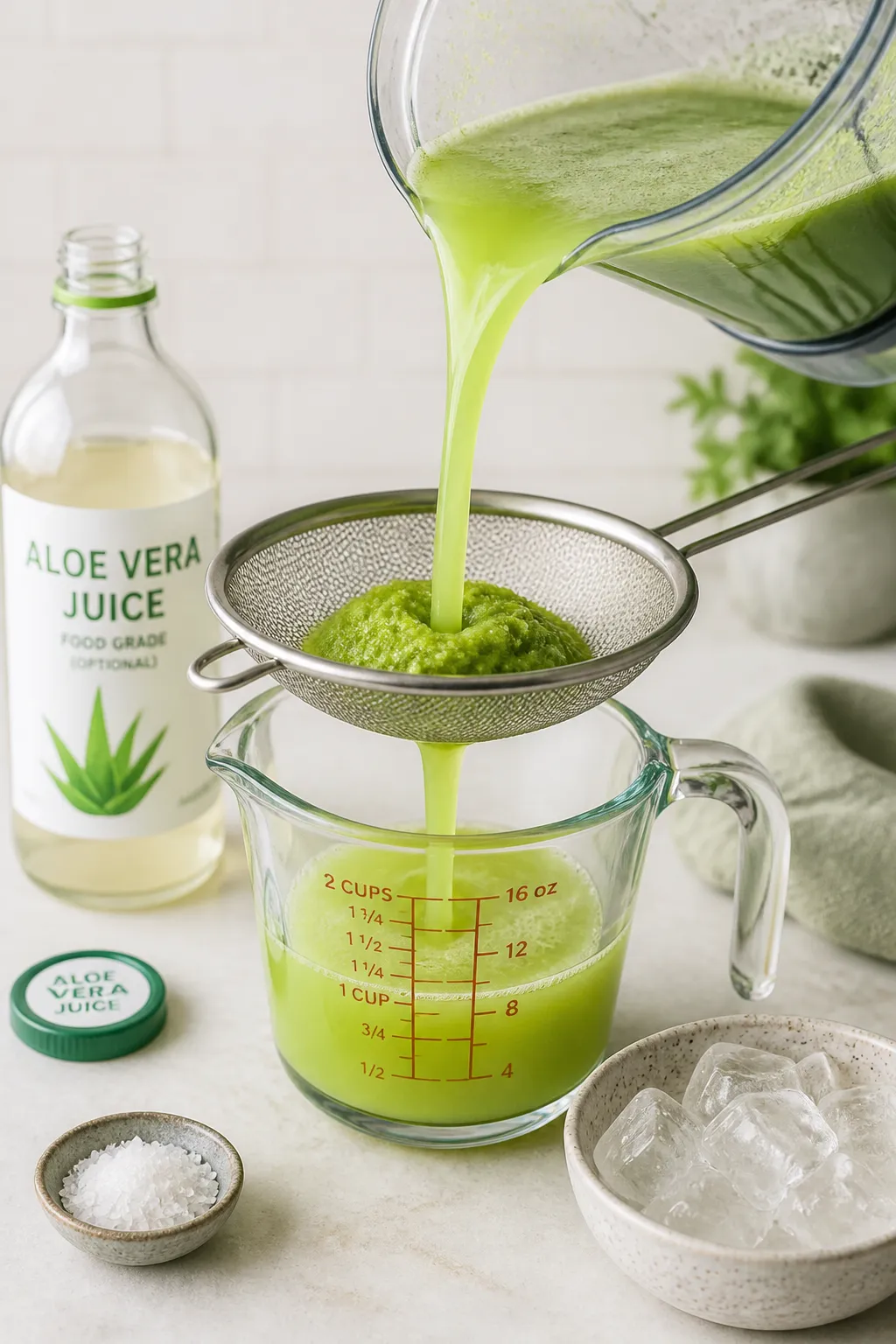 Cooking process: Blender scene mid-action showing the blended juice being poured through a fine mesh
