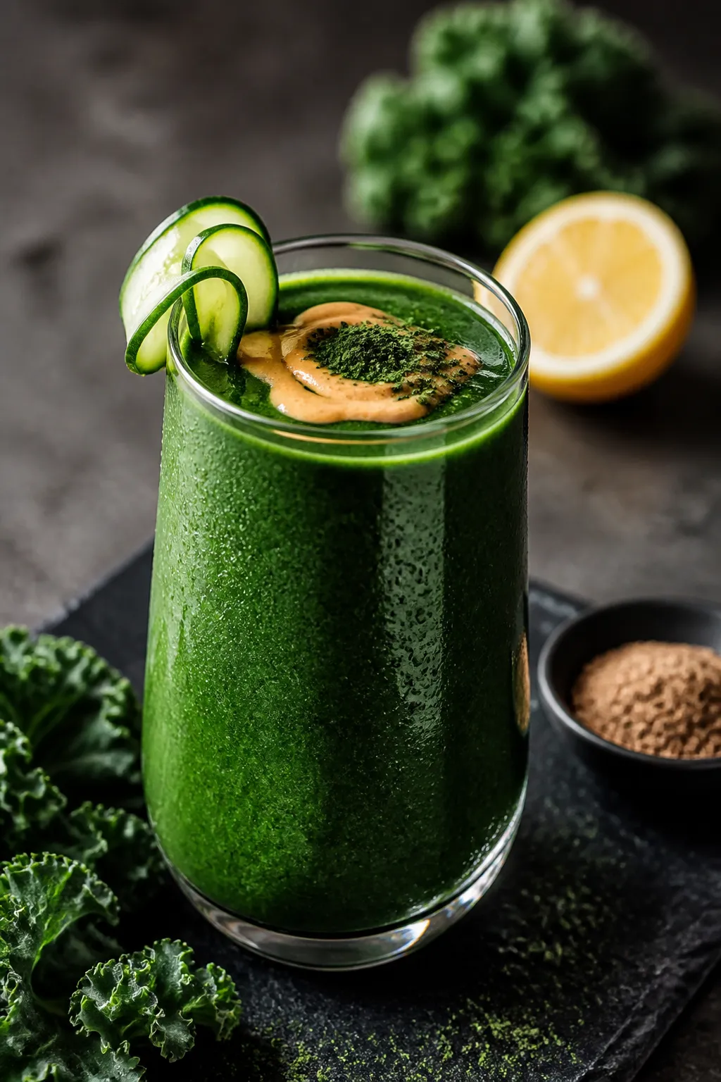 Final dish presentation: Restaurant-quality green smoothie glass set for the 10-day routine, deep ka