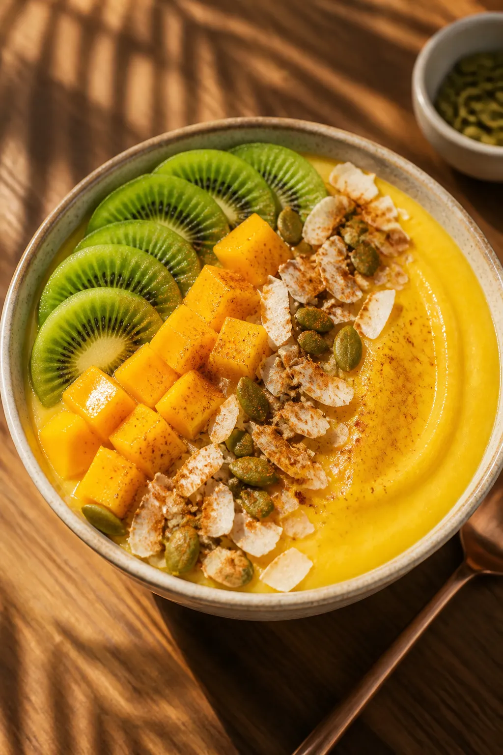 Final dish variation: Tropical twist smoothie bowl, vibrant golden-orange base (mango + pineapple wi