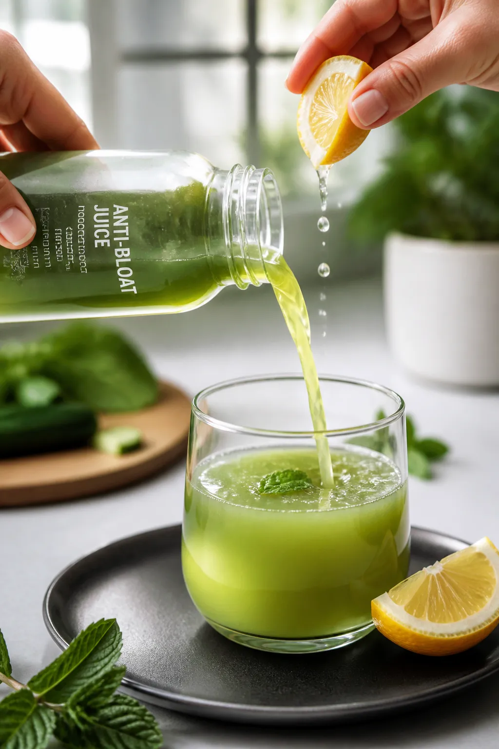 Final presentation: Restaurant-quality pour shot—sleek glass bottle of prepared anti-bloat juice b