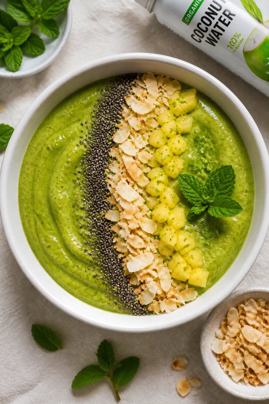 Tasty top view: Overhead shot of a creamy “Tropical Greens” smoothie bowl variation, thick spina