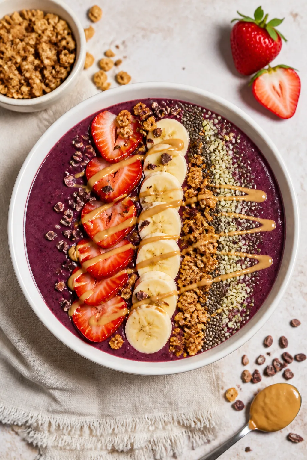 Tasty top view: Overhead shot of the finished classic berry smoothie bowl, rich purple base topped i