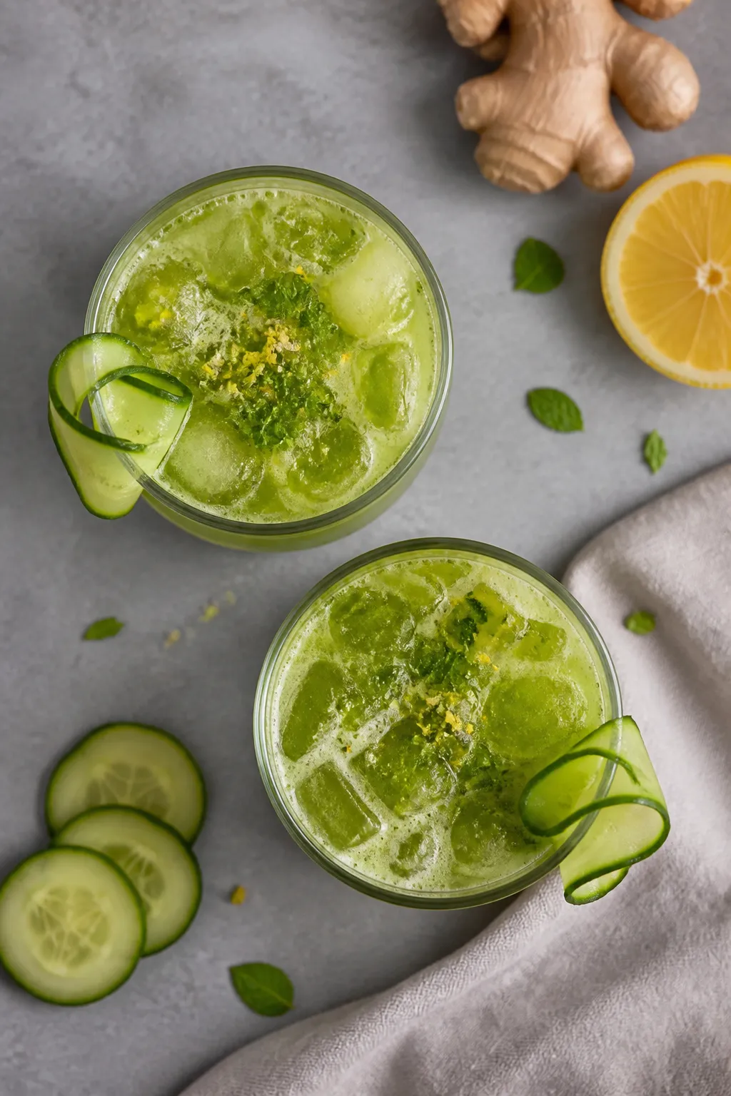 Tasty top view: Overhead shot of two short, wide glasses filled with the finished anti-bloat juice o