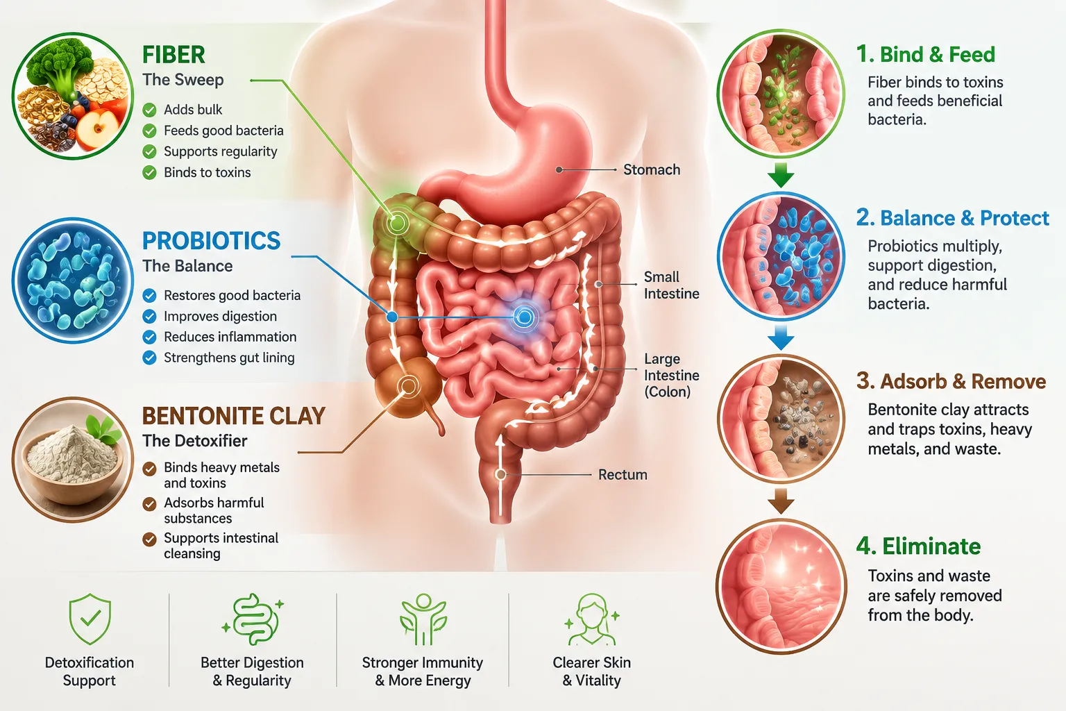 Diagram showing the human digestive tract and how fiber, probiotics, and bentonite clay interact to remove toxins and